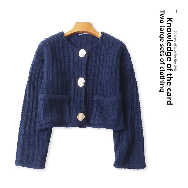 Faionable Knitted Cardigan Sweater round Ne Long Sve Thi Yarn ort Sle Women's Autumn New Arrival Tee Button De...