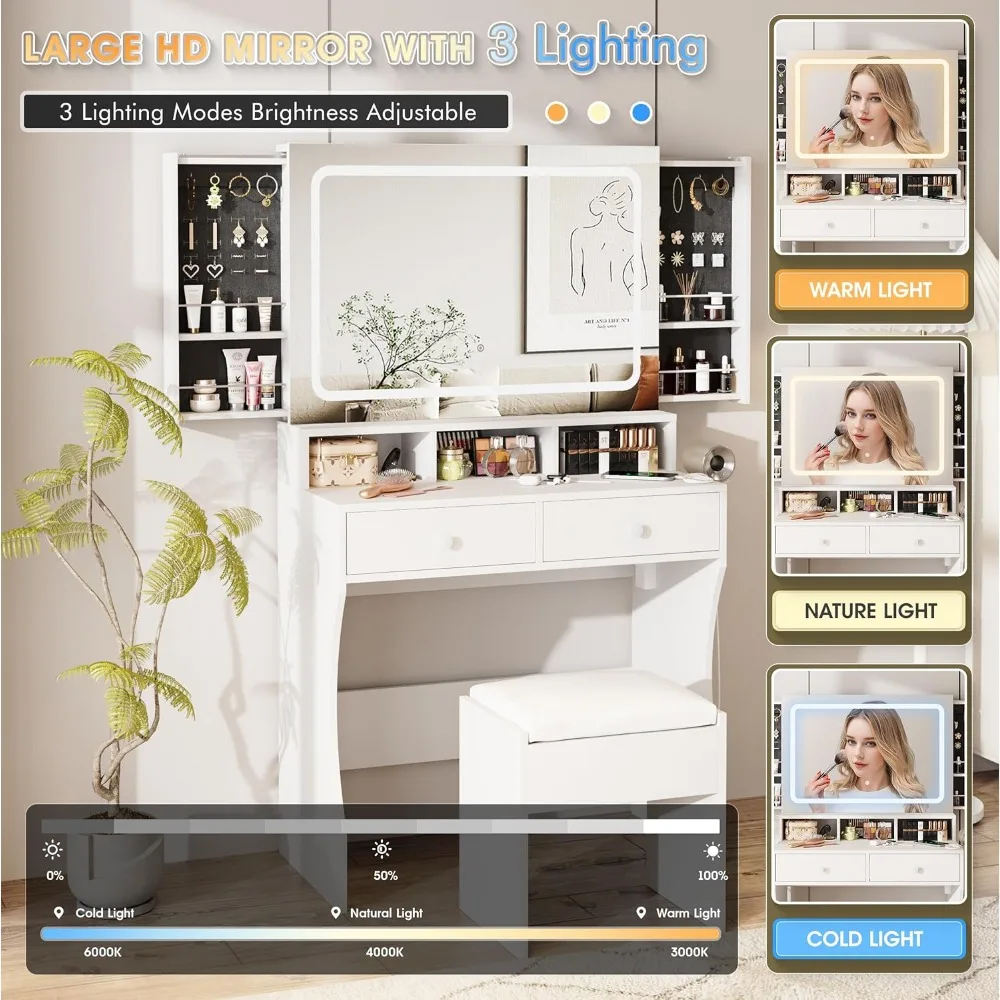 Makeup Desk with Mirror and Lights, White Dressing with Charging Station & Chair, Vanity Desk with Sliding Jewelry Storage Shelv