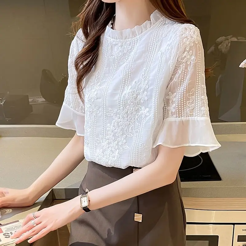 Women Trendy Ruffle Embroidery Sweet Blouses Summer Casual Round Neck Short Sleeve Shirts White Chic Tops Blusa Mujer Moda 2023