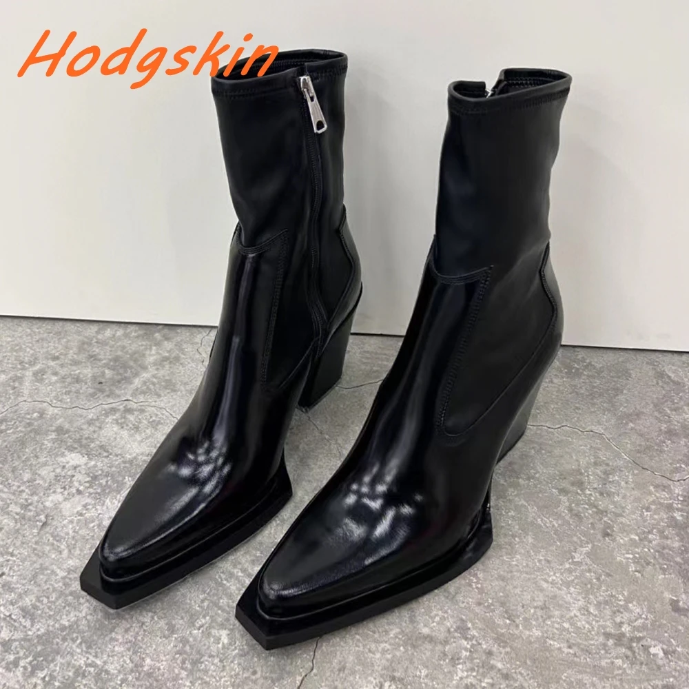 Soft Leather Women Boots Pointed Toe Solid Sewing Side Zipper Chunky Heels Shoes Runway Show Classic All-match Mid Calf Boots