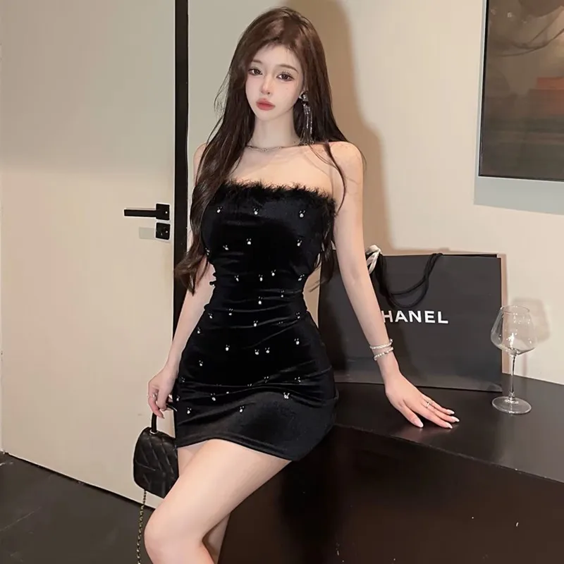 Women Korean Vintage Chic Prom Dress Summer Autumn Black Velvet Diamonds Luxury Short Dress 2025 Elegant Bodycon Festival Dress