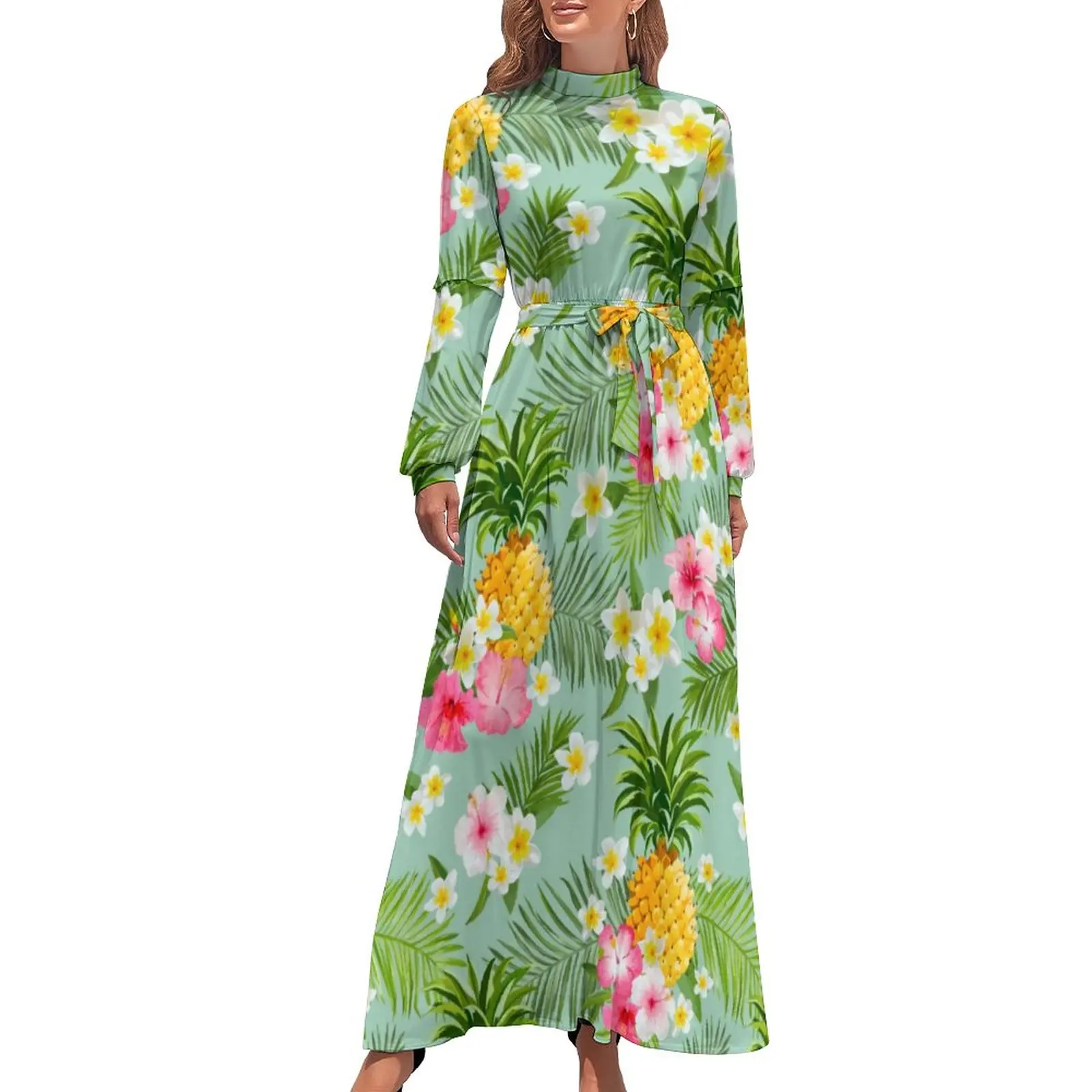 Tropical Flower Print Dress Elegant Pineapple Party Maxi Dress Aesthetic Bohemia Long Dresses High Waist Design Clothing