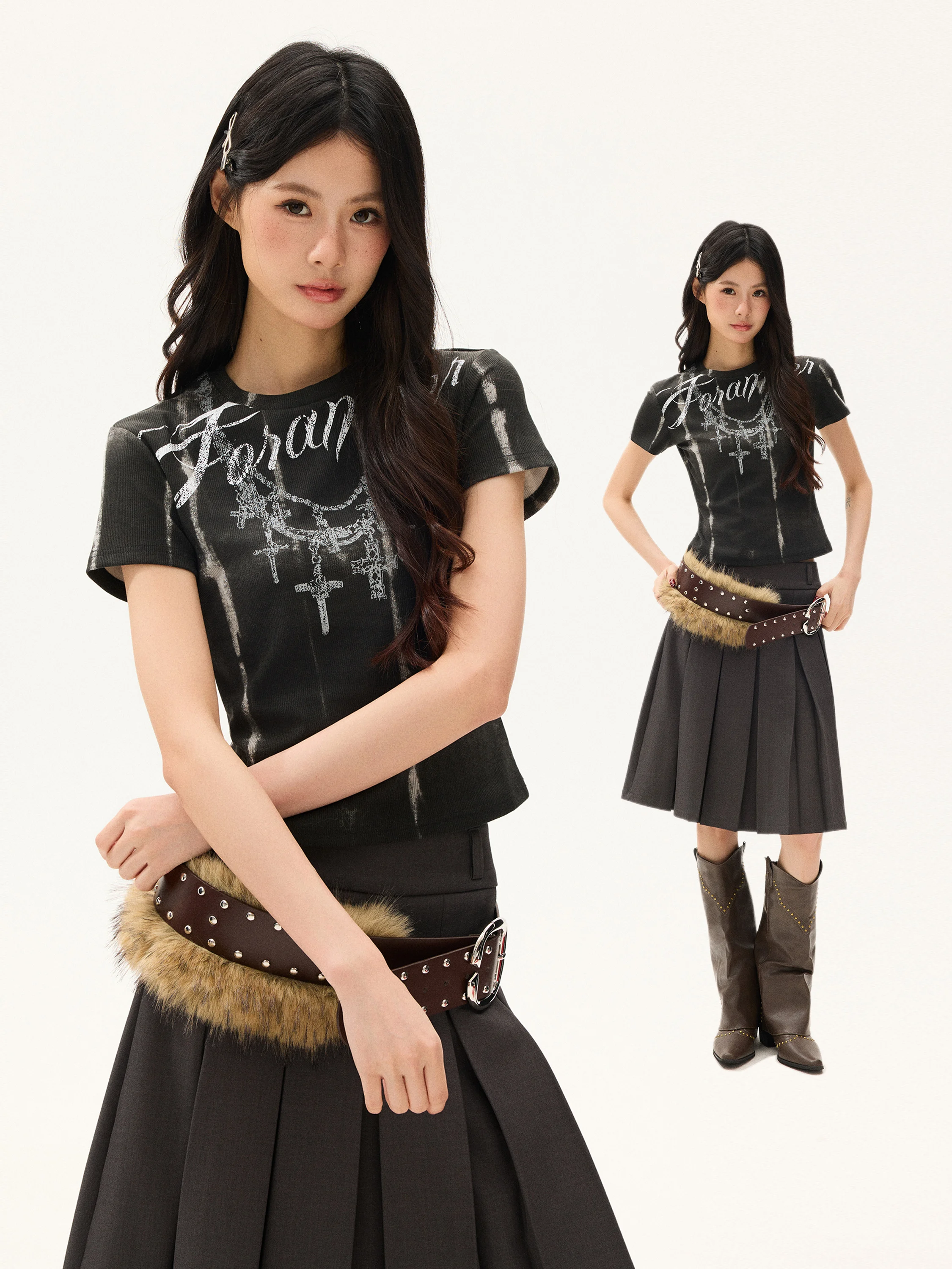 

Женская футболка с эффектом похудения, винтажный панк-стиль, с буквенным принтом, круглым вырезом и коротким рукавом, уличный стиль, выцветшая, в стиле Sweet Spicy, укороченный топ