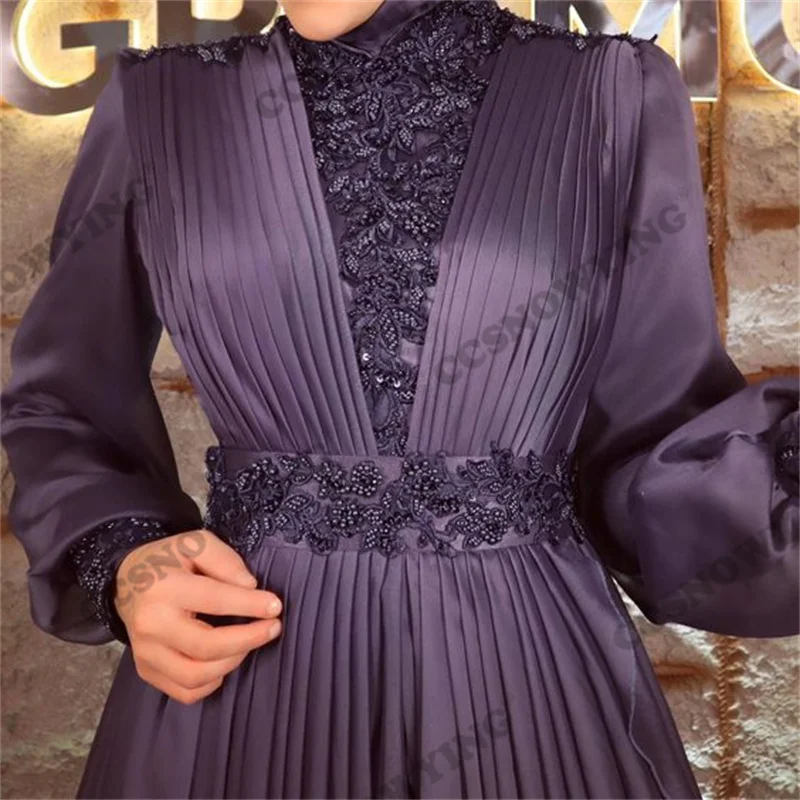 Purple Long Sleeve Muslim Hijab Evening Dresses Pleats Islamic Formal Party Gown Chiffon Appliques Women Arabic Robe De Soiree