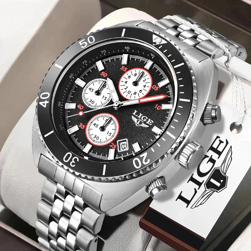 

LIGE New Watch Man Top Brand Sports Quartz Date Wristwatch Mens Watches Luxury Stainless Steel Waterproof Chronograph Men Gift