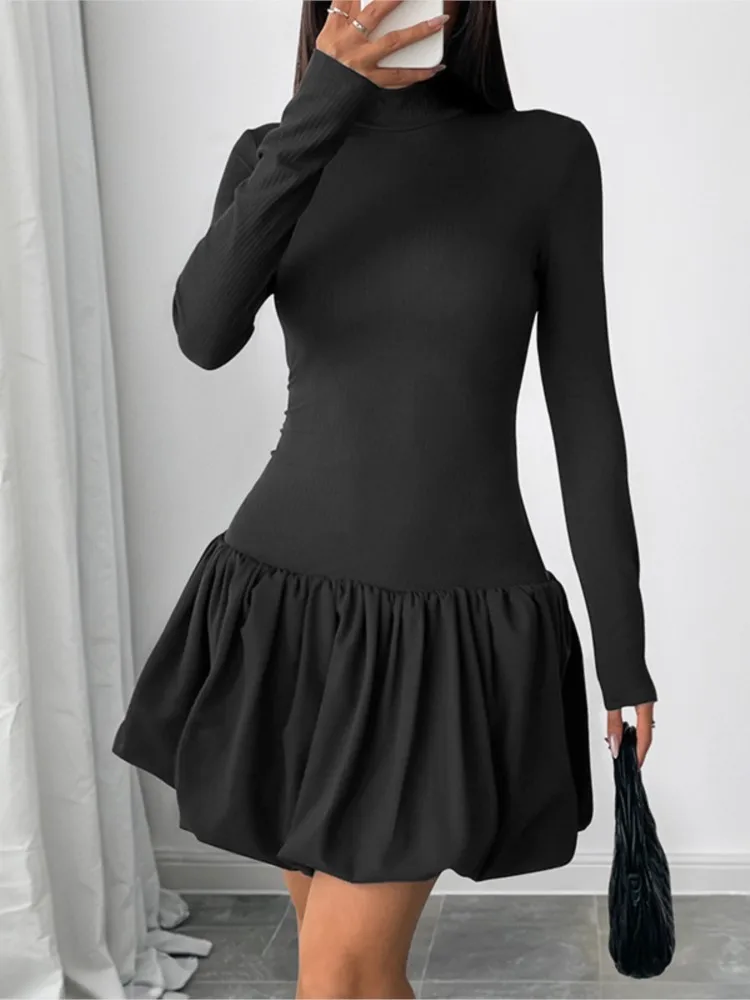 

Dresses 2025 Woman Simple Style Elegant Slim High-neck Long-sleeved Solid Color Evening Dress Temperament Vestidos French Trendy