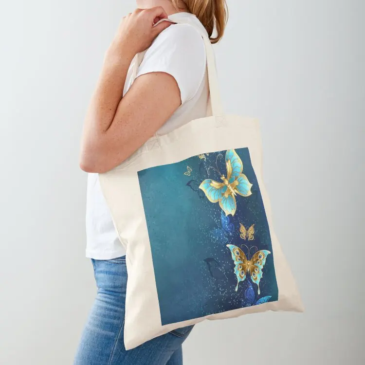 

Golden Butterflies on a Blue Background Tote Bag personalized tote large tote bag female bag custom canvas