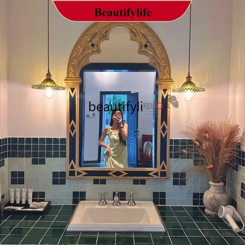 YL   European retro bathroom mirror wall hanging carved arched makeup mirror porch fireplace French decorative mirror