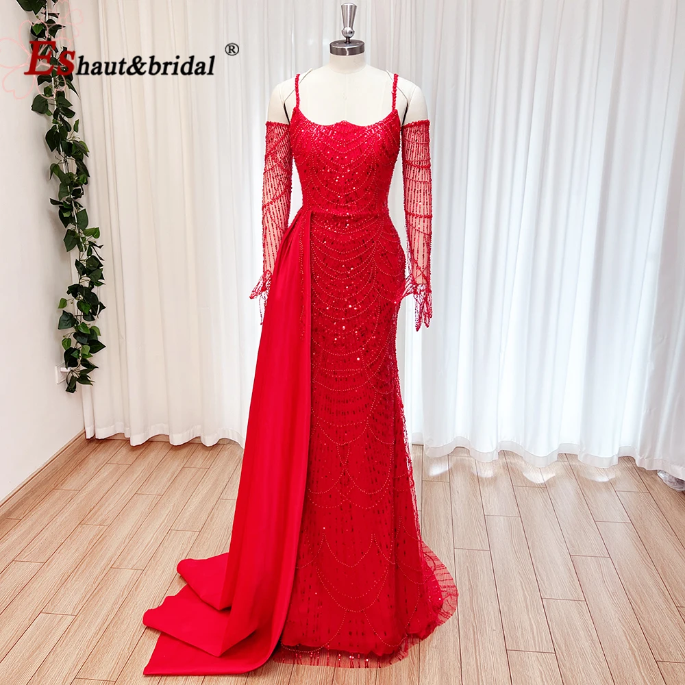 

Elegant Pearls Spaghetti Straps Mermaid Evening Dress for Women with Gloves 2024 Long Formal Prom Wedding Party Gown Customized