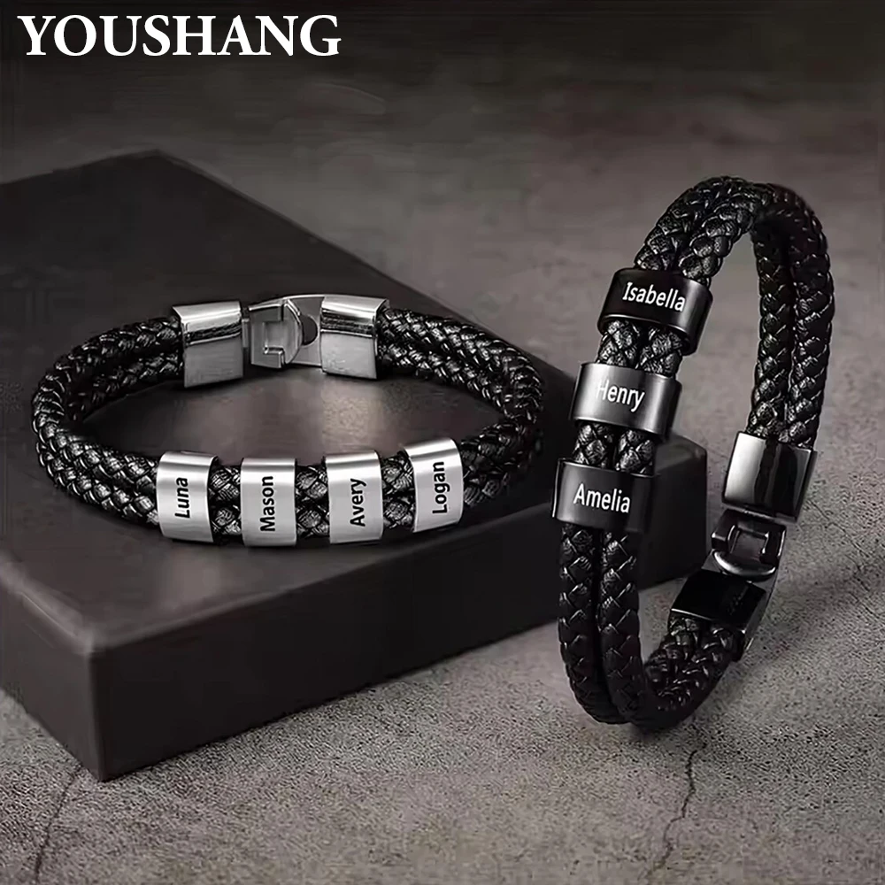 

Personalized Name Men's Leather Bracelet Engraved Identity Information Stainless Steel Custom Beads Gift for Husband Or Father