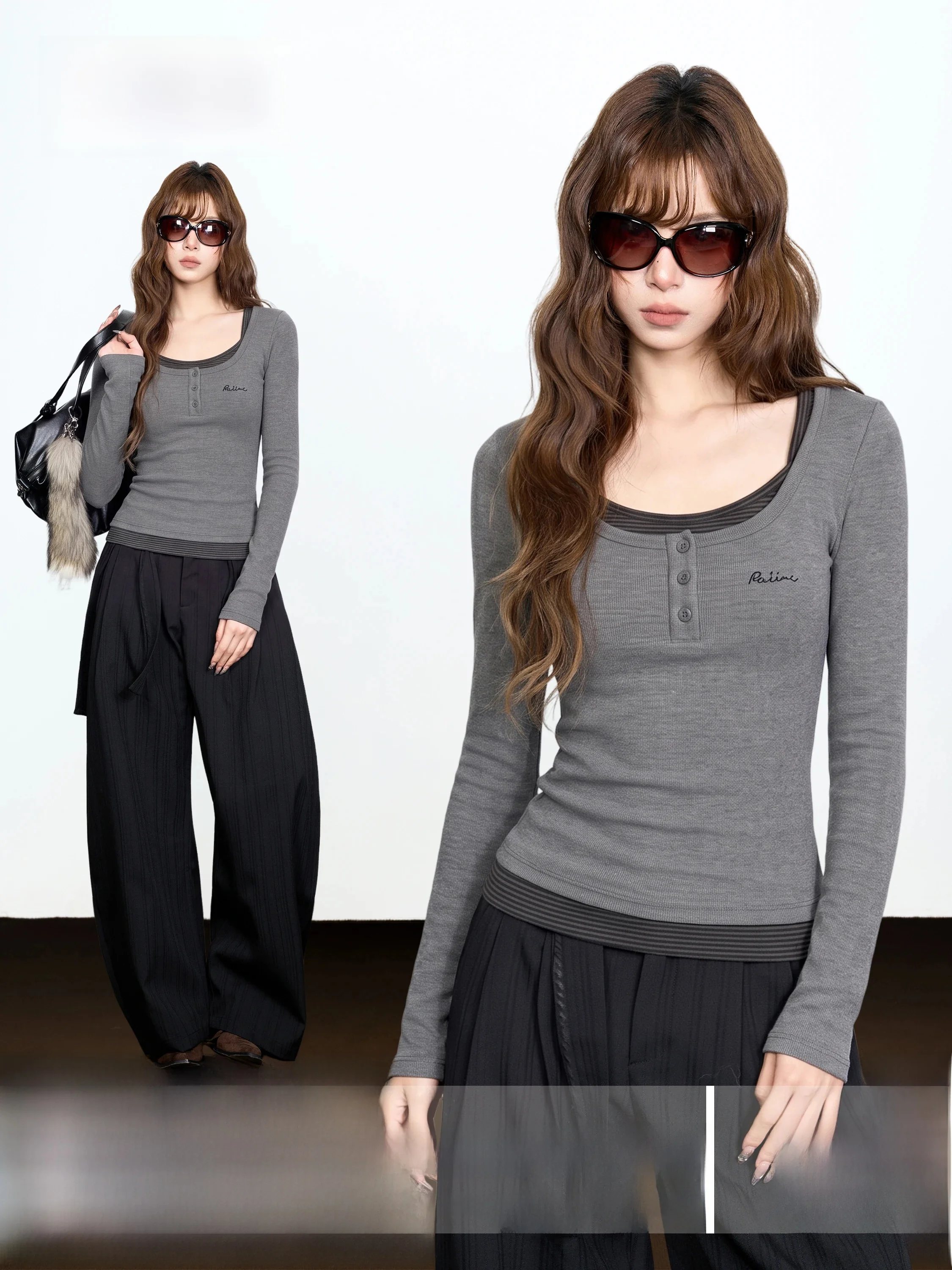 Gray Stripe under Shirt Women's Long Sleeve U-Neck Slim Fit Short Top Inner Wear Base Shirt Korean Style Commute Fashion