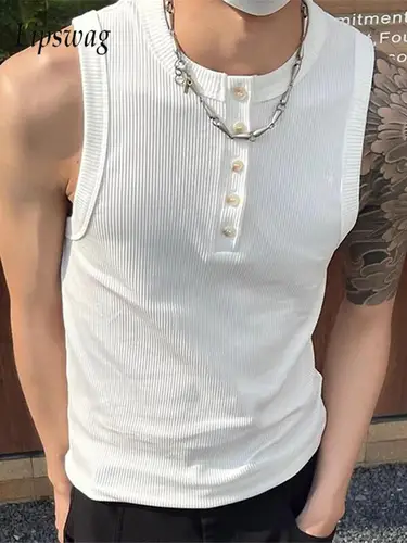 Imagen 1 del producto Chaleco sin mangas ajustado a la moda para hombre, novedad de verano 2021, camisolas acanaladas con textura informal, camisetas sin mangas elásticas de entrenamiento deportivo para hombre