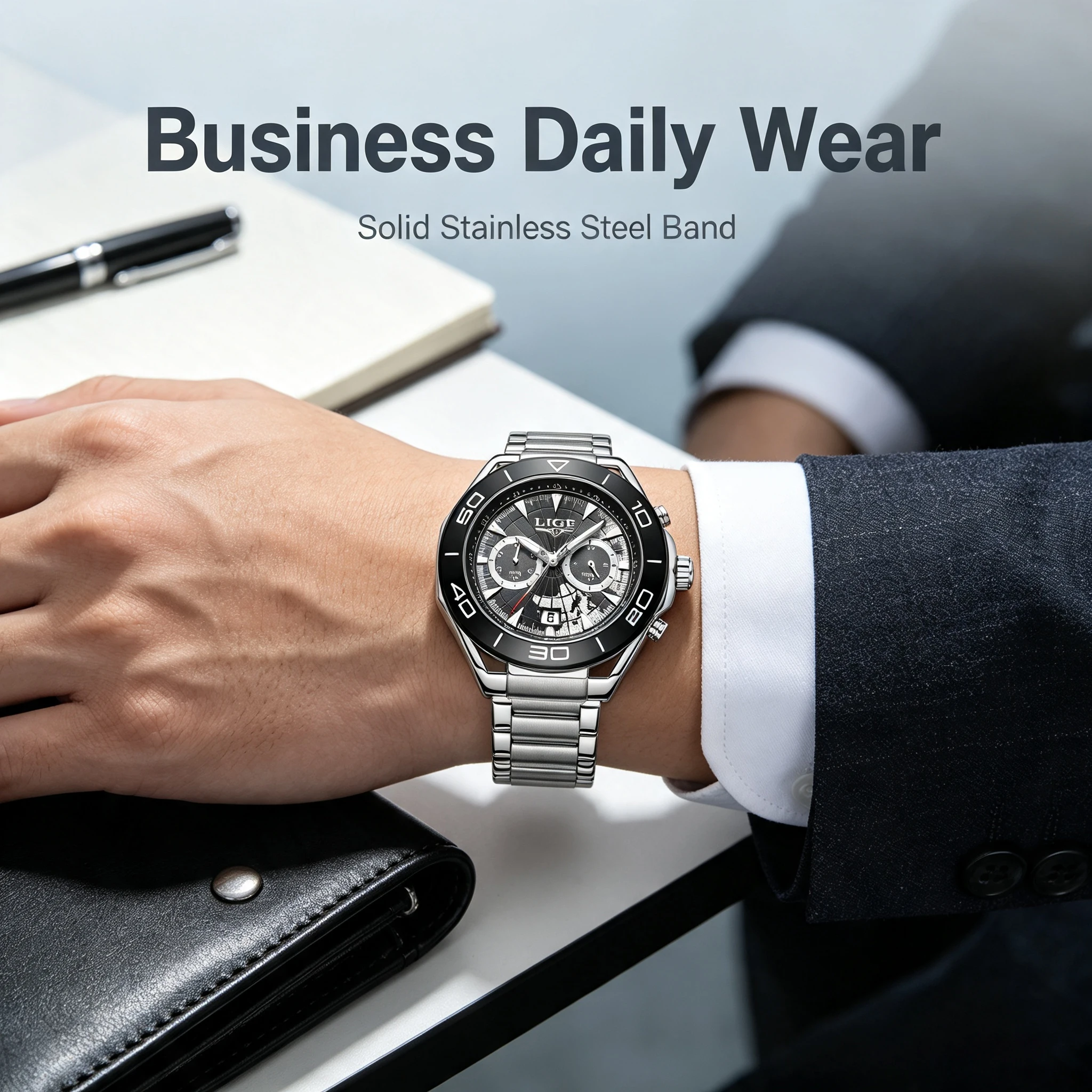LIGE Luxury Man Watch Luminous Waterproof Week Date Men Wristwatch Stainless Steel Men's Quartz Gold Color Watches Reloj Hombre