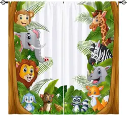 Children's CartoonWindow Curtain Wild Animal Elephant Giraffe Lion Printed Pattern Curtain Decorate Living Room Curtain 2 Pieces