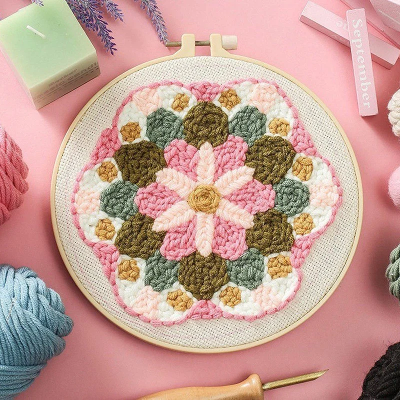 

Mandala Flower Pattern Poke Embroidery Kit DIY Punch Needle Kit Wool Thread Needle Handmade Colorful Flower Craft For Beginner