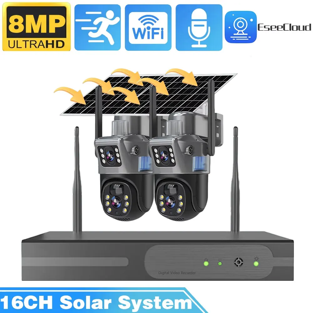 8MP WLAN-Solarkamera-Set für den Außenbereich, drahtlos, 16-Kanal 5MP NVR Sicherheitsüberwachungskamera-Set, Sirenenalarm, humanoide Erkennung, Zwei-Wege-Audio-Kit