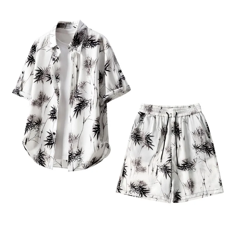 

Cool Hong Kong Style Street Fashion Men's Single Bamboo Knot Set Summer Short Sleeve Shirt And Shorts Youthful And Handsome