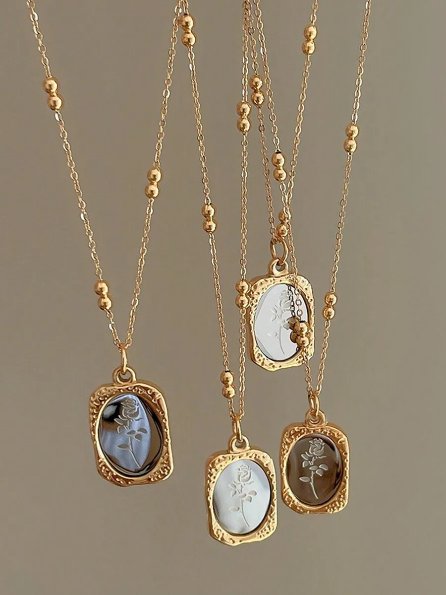 

1pc Elegant Stainless Steel Necklace With Oval Sequin & Rose Flower Embossed Pendant, Suitable For Women For Party, Date Or Vale