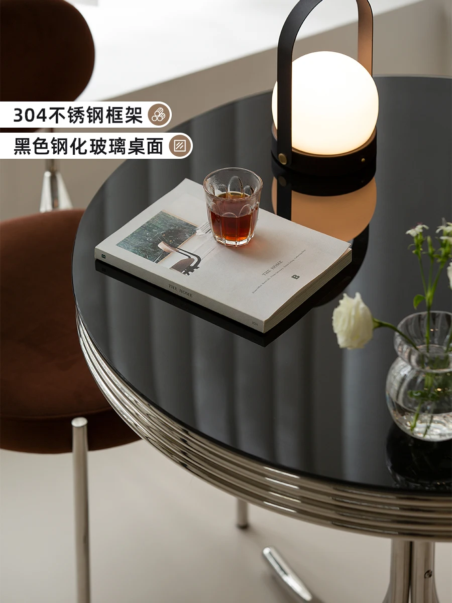 Tempered glass, negotiation table for small household units, stainless steel round, light luxury dining table creativity