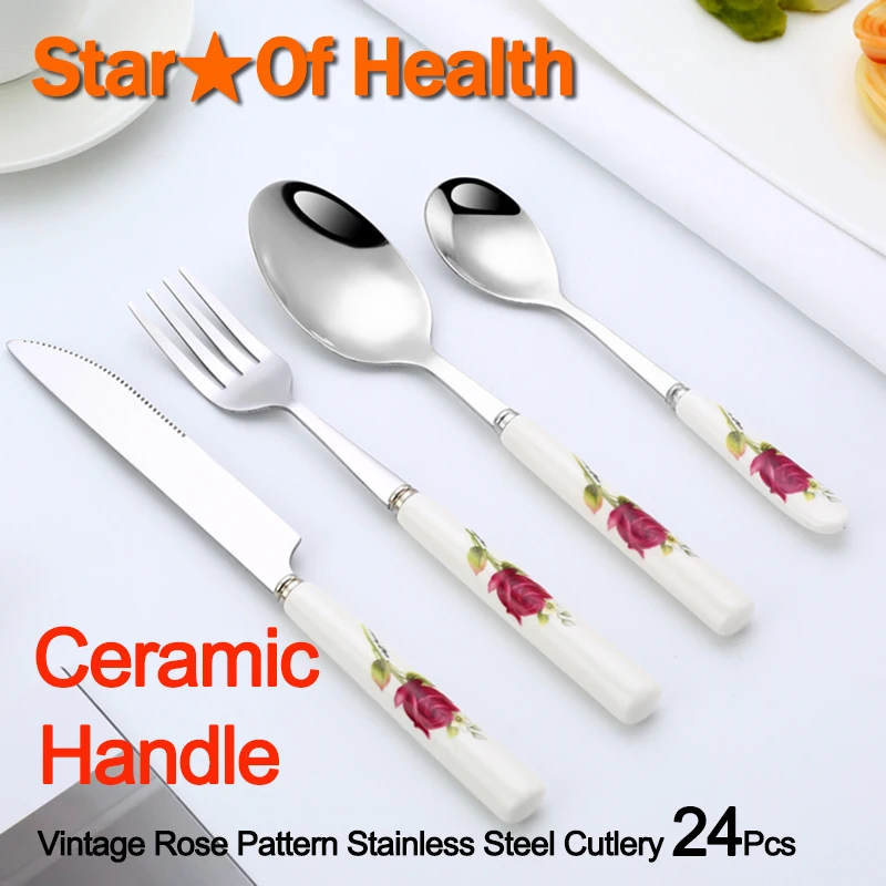 24Pcs Luxury Tableware Set Stainless Steel Cutlery Ceramic Handle Knife Fork Coffee Spoon Vintage Pattern Tableware Cutlery Set