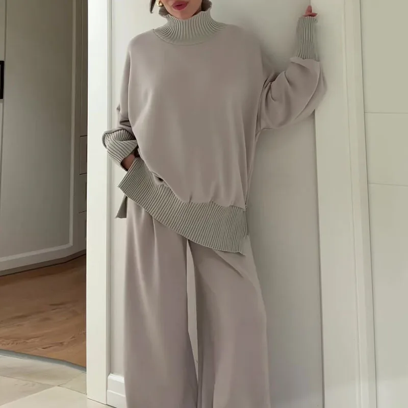 Outono inverno solto de malha duas peças conjunto simples cor sólida manga longa roupa casual feminino elegante bolso calças retas terno