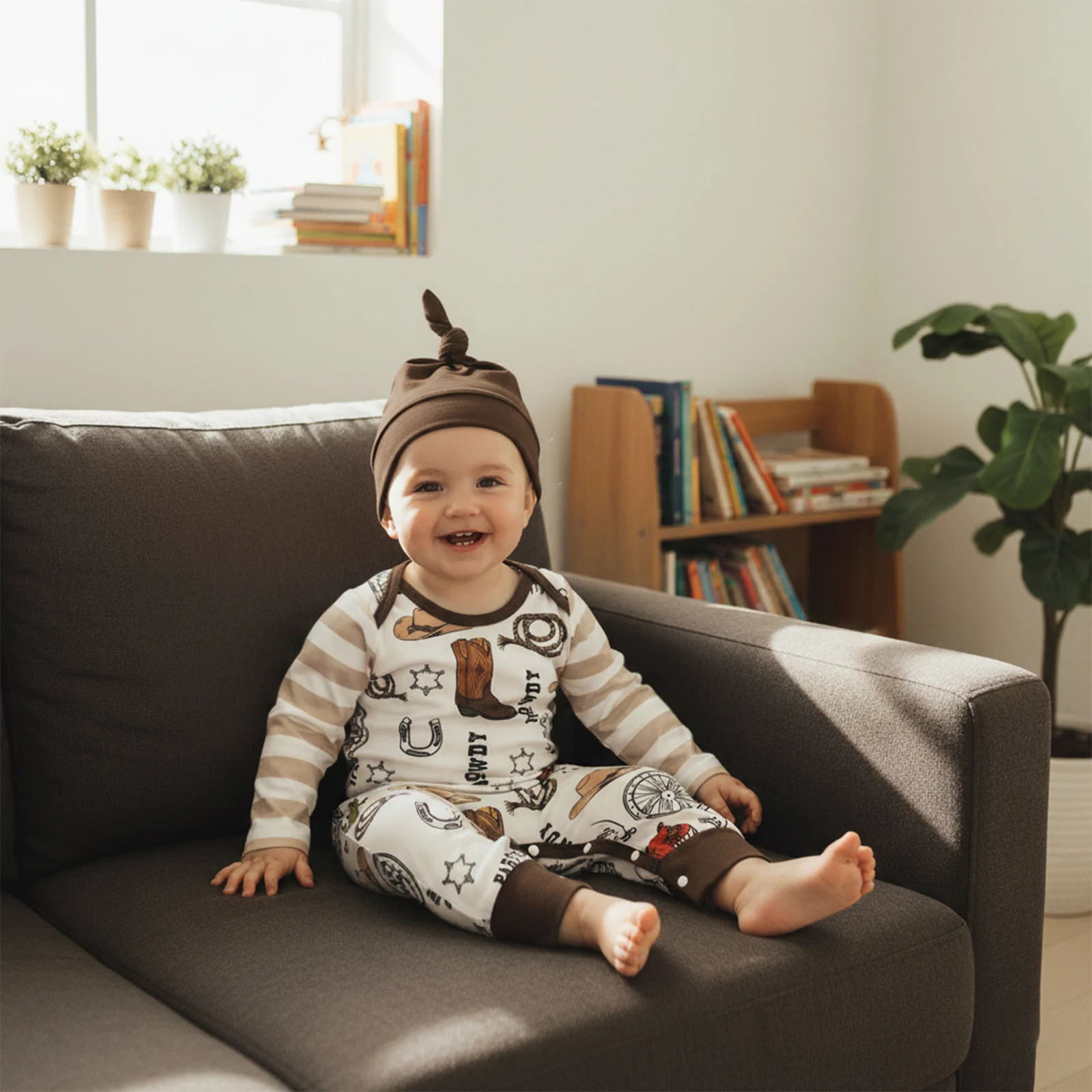 

Baby Clothing Boys Girls Romper Long Sleeve Round Neck Western Print Jumpsuit Outfit with Hat Newborn Clothes