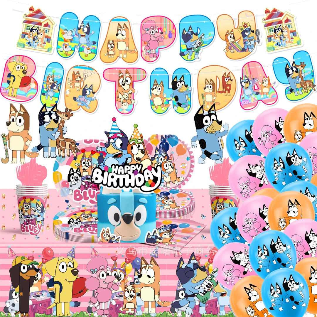 Cute Bluey series festa di compleanno stoviglie usa e getta Banner Cake Topper Hanging Flag bluey Balloons Set decorazione di compleanno