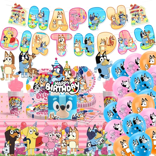 귀여운 블루 시리즈 생일 파티 디너웨어, 일회용 배너, 케이크 토퍼, 걸이식 깃발, 블루 풍선 세트, 생일 장식 