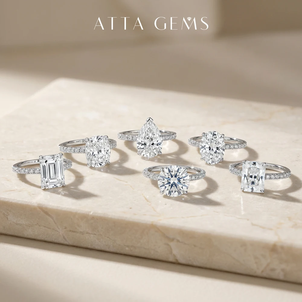 ATTAGEMS Moissanite Rings Collection Oval Emerald Round Princess Marquise Paved Halo Band S925 Silver Wedding Jewelry For Women