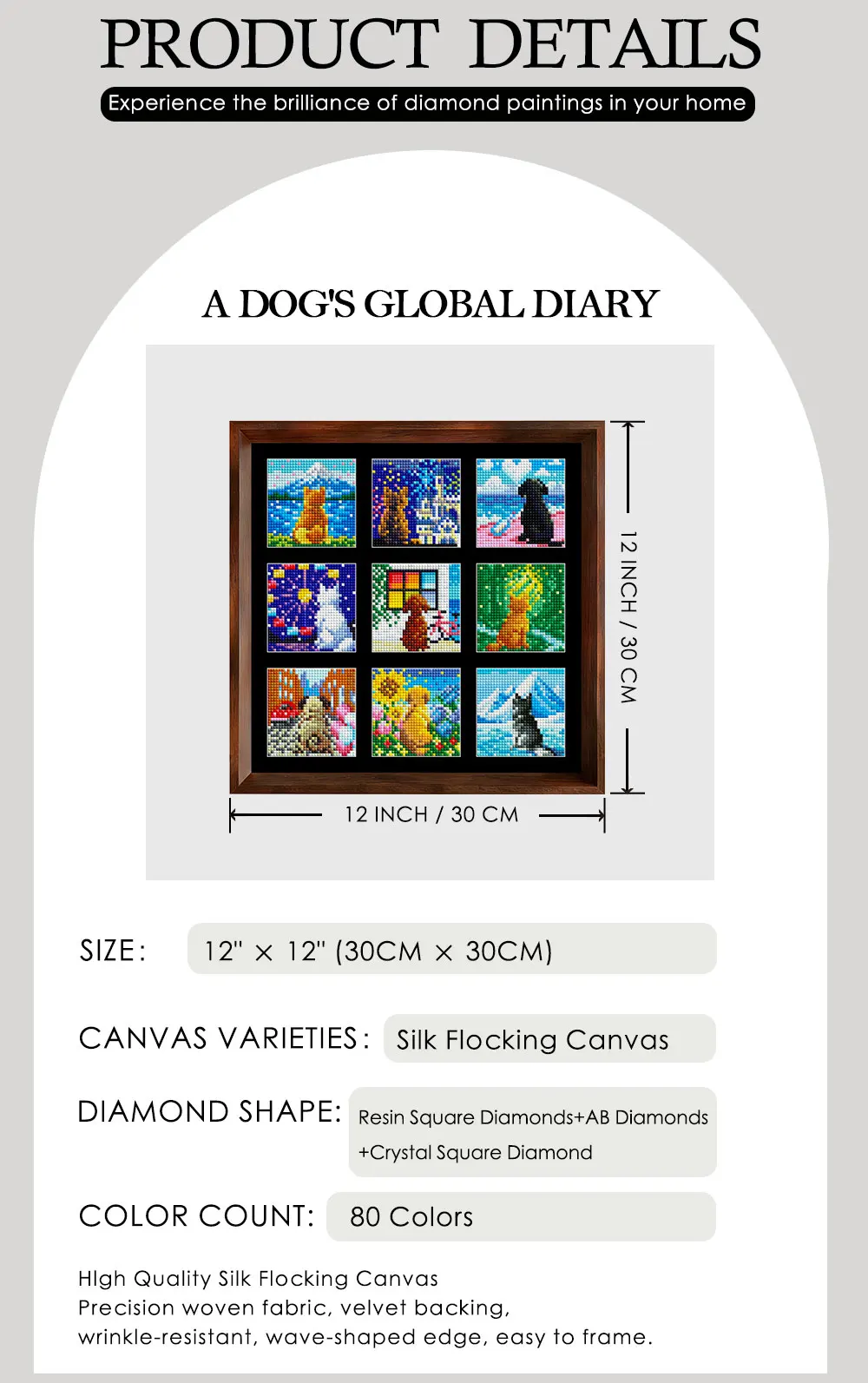 9 Grid Dog Travel Scenery Diamond Painting Kit, Puppy Back View Pixel Art, Square + AB + Crystal Diamonds, 30×30cm. view 2