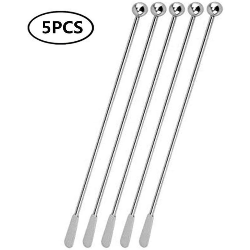 5 Pcs Reusable Swizzle Sticks Coffee Stirrers Beverage Stir Sticks Stainless Steel Cocktail Swizzle Sticks Silver Straight Rod B