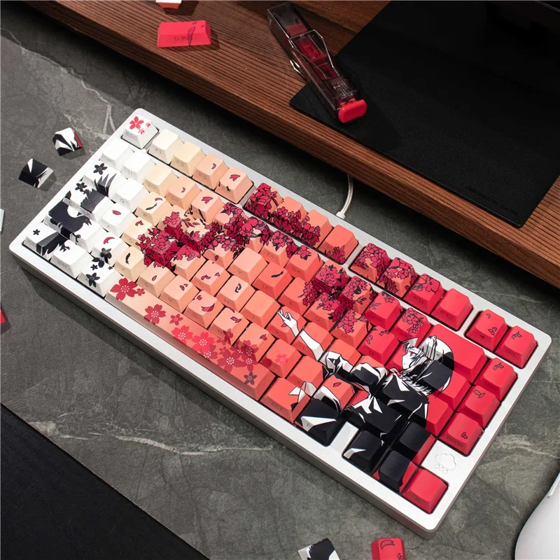 PBT Sublimation Sakura Raven Theme Side Light Transmission Mx Keycaps 131 Keys Gaming Cherry Profile Mechanical Keyboard Keycaps