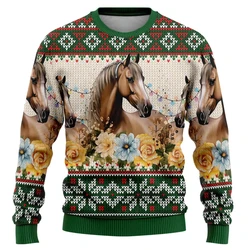 Herfst Winter Unisex Trui Lelijke Kerst Trui Mannen Nieuwe Paard Grafische 3D Gedrukt Heren Ronde Hals Casual Herenkleding