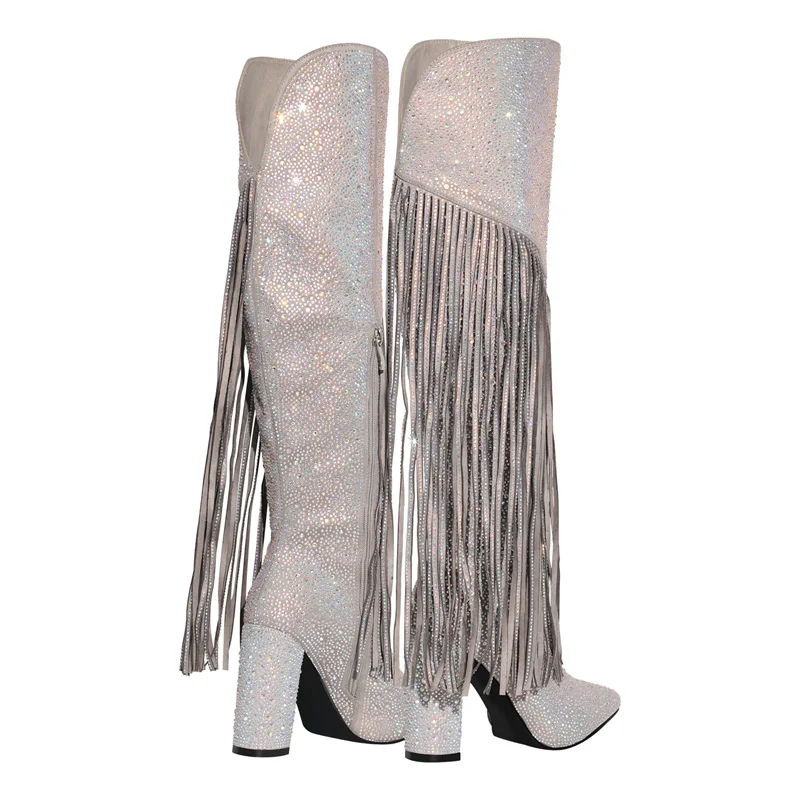 Onlymaker kobiety Fringe Rhinestone kowbojki z dalekiego zachodu kowbojka spiczasty palec u nogi wysoki obcas duży rozmiaru zamek błyskawiczny buty