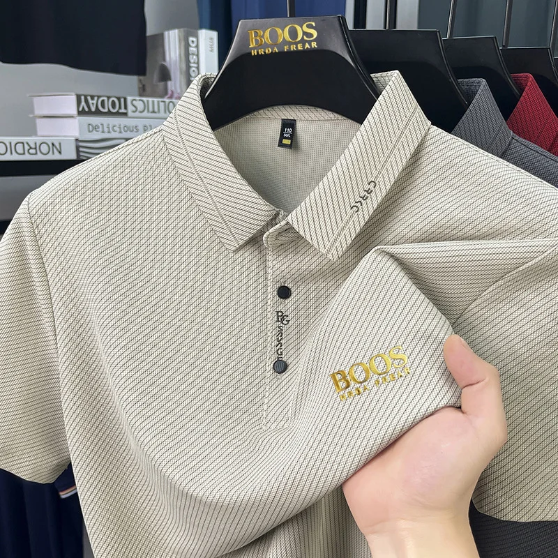Camiseta de manga corta de seda helada BOOSHRDAFREAR para hombre, top informal con solapa, novedad de verano, polo estampado sin costuras, ropa para hombre