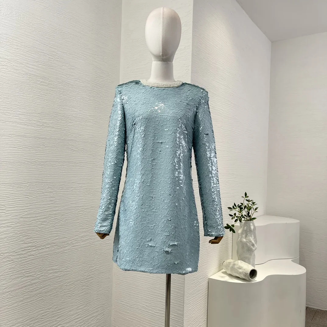 2024 New Arrivals Women Blue Sequined Diamonds Cystals Long Sleeve Mini Dress