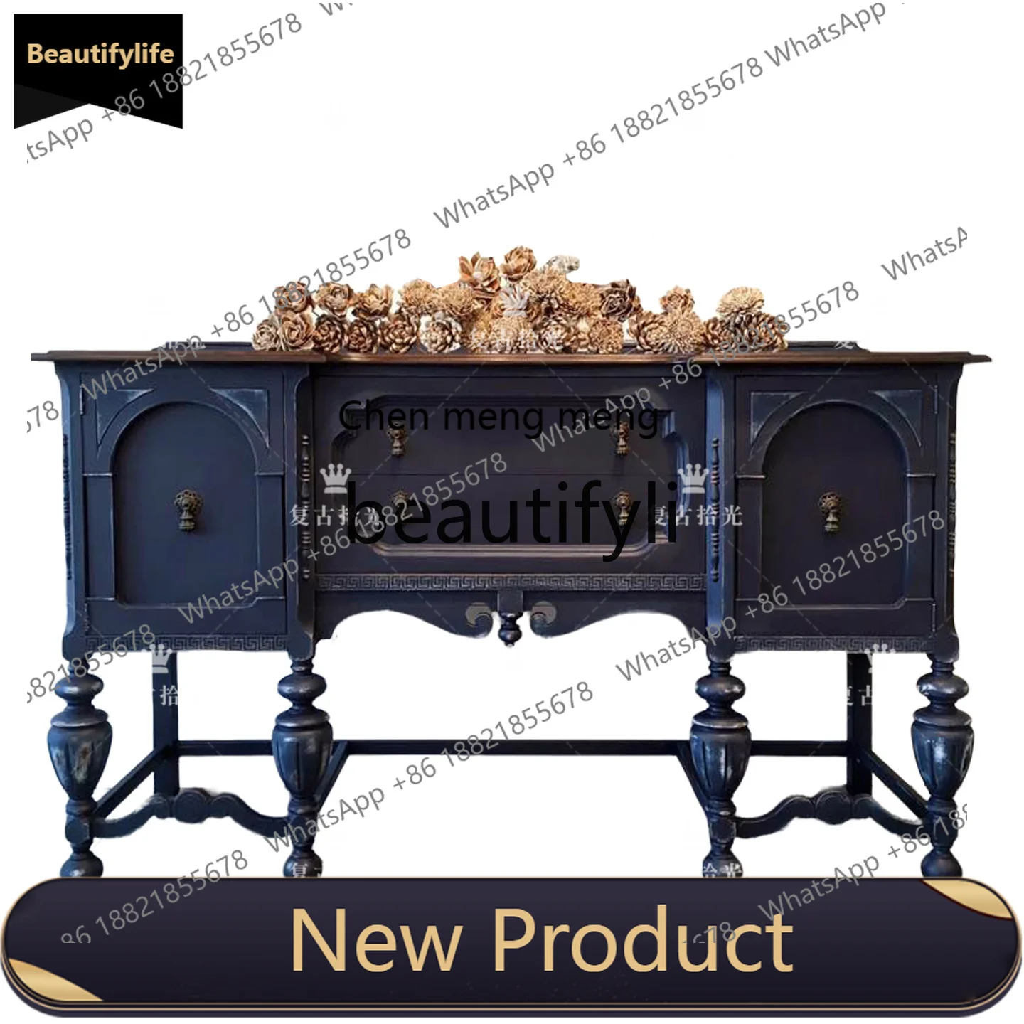

French retro solid wood carving flower porch cabinet living room decorative cabinet foyer locker black
