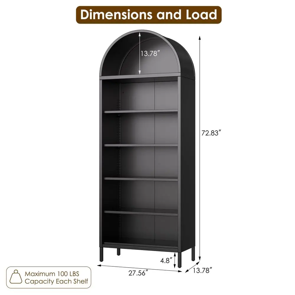 73 Tall Arched Bookcase Cabinet, 6Tiers Metal Black Arched Bookshelf for Home Office, Living Room, Assembly Required,13.78 D x