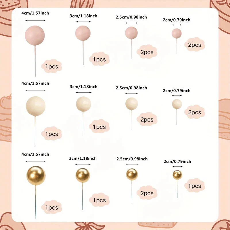 Nude Coffee 3 Color Paper Cake Topper Balls 17 Pcs Decorative Cupcake Picks for Birthday Wedding Baby Shower Party Baking