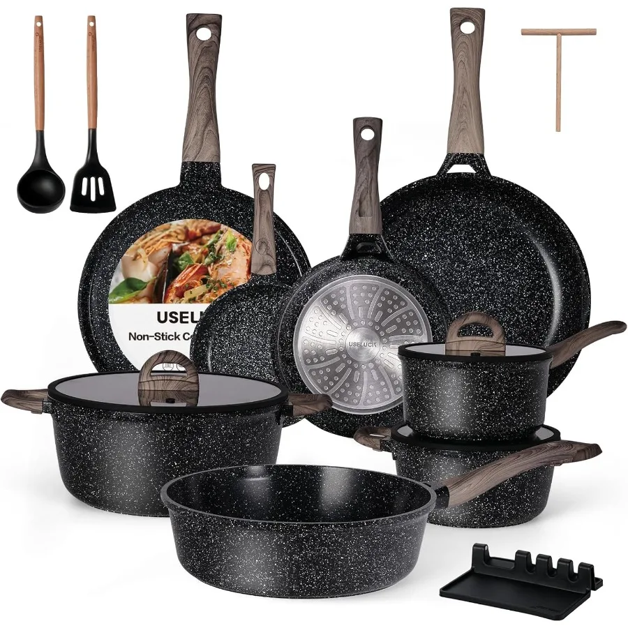 

Набор керамической посуды, набор кастрюль и сковородок с антипригарным покрытием, набор из 22 предметов, кухонные наборы с антипригарным покрытием, 8 дюймов, сковороды с крышкой, черный гранит, нет