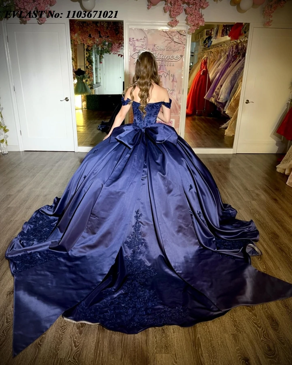 EVLAST Customized Navy Blue Quinceanera Dress Ball Gown Lace Applique Beading Bow Corset Sweet 16 Vestidos De 15 Anos SQ573