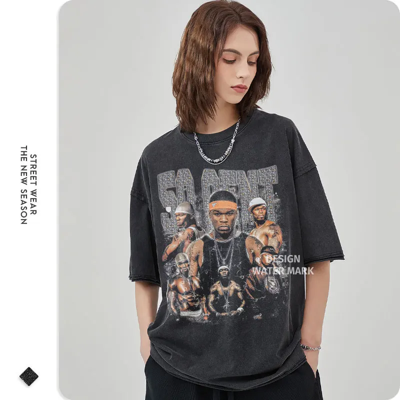 50 Cent T Shirt Hip Hop Rapper Singer Tops Tees Vintage Washed Short Sleeve Oversized T-shirt Harajuku Sweatshirts 100% Cotton