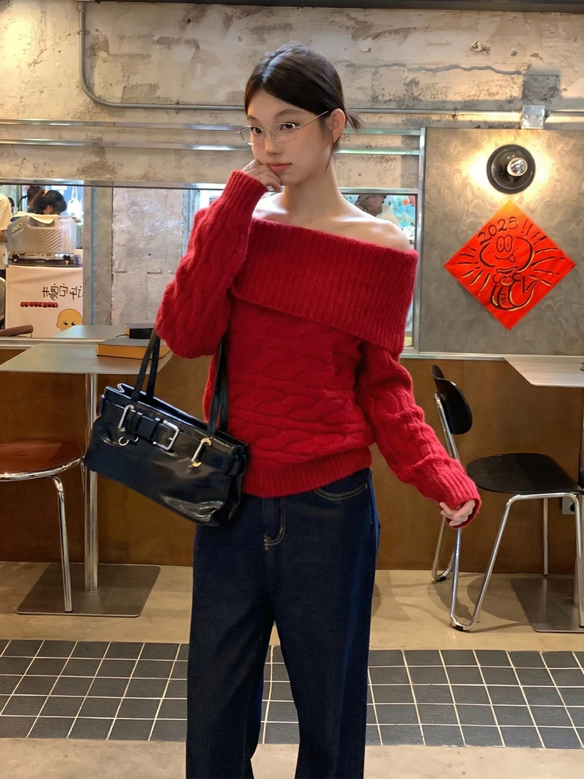 

Red One-oulder Knitted Sweater Soft Cozy Korean Sle Women's Winter Inner Wear New Year's Special Faionable Top