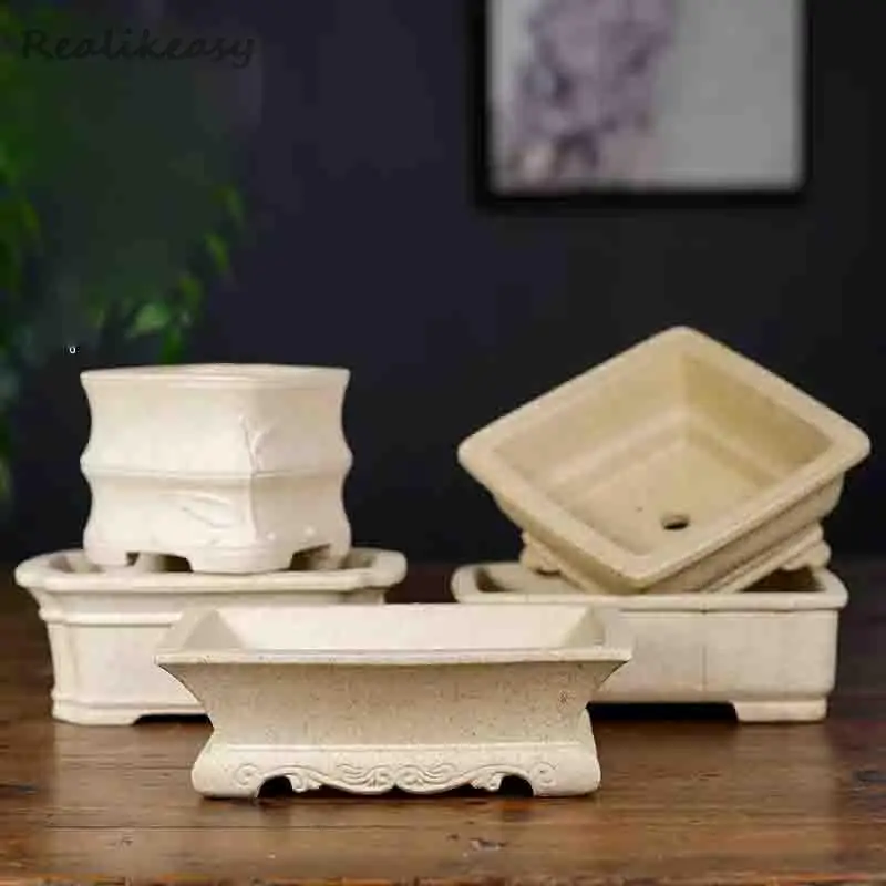 Yixing Purple Sand Bonsai Flower Pot Small Breathable Square White Succulent Landscape Pot Chinese Home Decorative Flower Pot