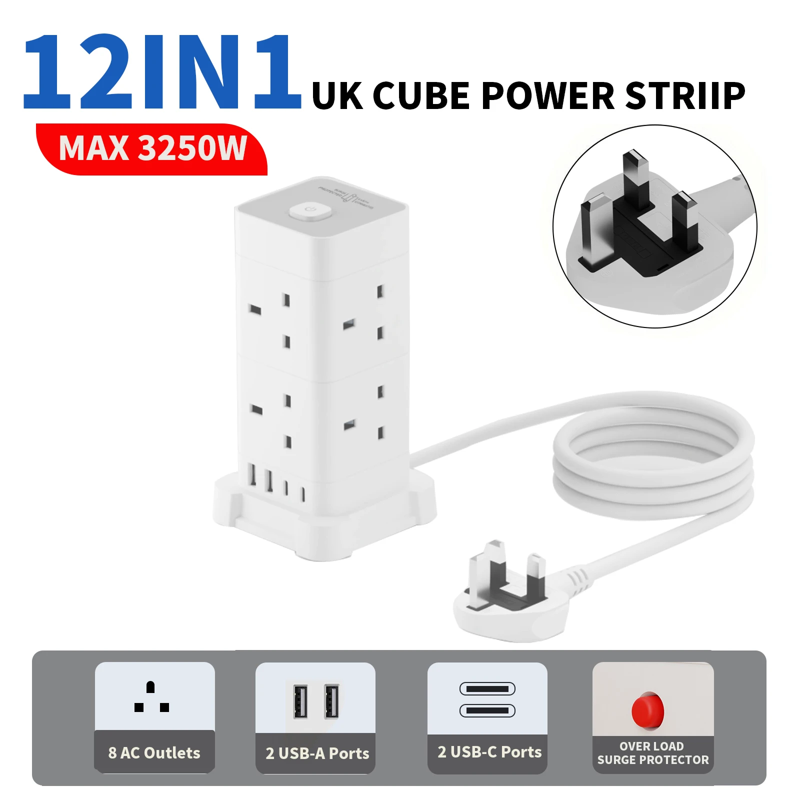 3250W 13A Outlet Surge Electric Tower 8 AC 2USB-A 2USB-C  Electrical Charging Station Universal Socket for White for Home Office