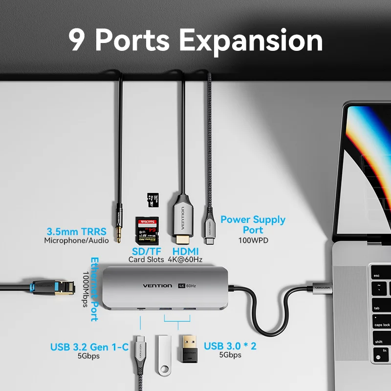 Vention 9 in 1 USB C HUB Docking Station Type C to HDMI4K60Hz RJ45 PD100W SD/TF 3.5mm for MacBook Pro Xiaomi Samsung USB 3.0 HUB