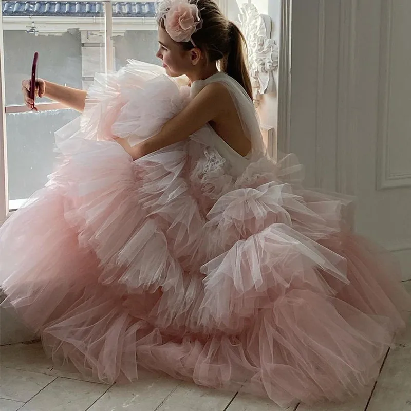 Robes de filles à fleurs dégradées pour mariage, couches de Tulle à volants, bretelles de soirée pour enfants, robes de princesse d'anniversaire de célébrité