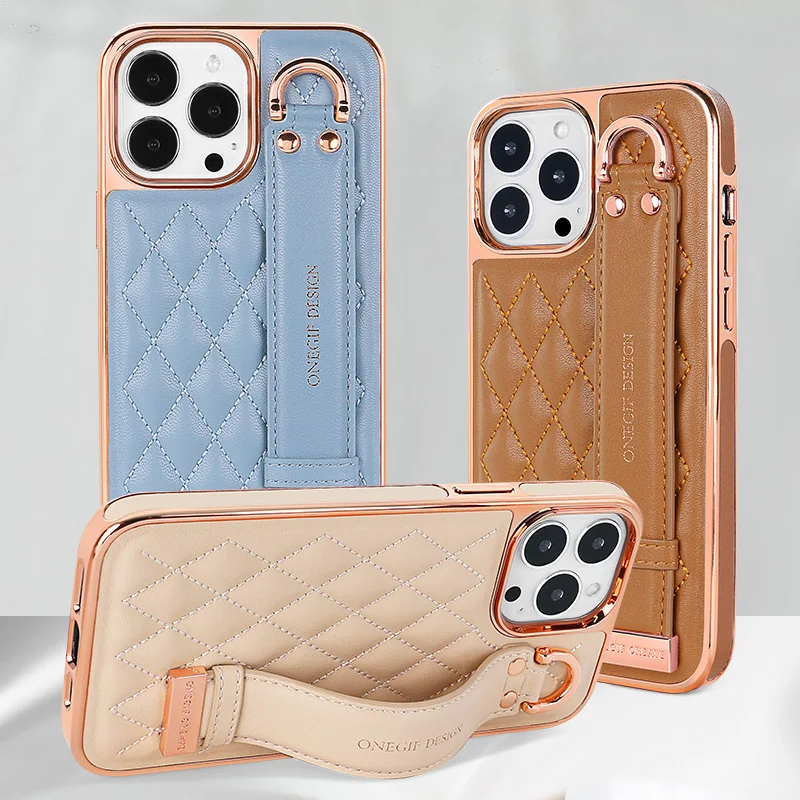 For iPhone 16 15 14 13 12 Pro Max Case Matte Embossed Grid Leather Hand Strap Belt Stand Leather Covered On The Edges Cover