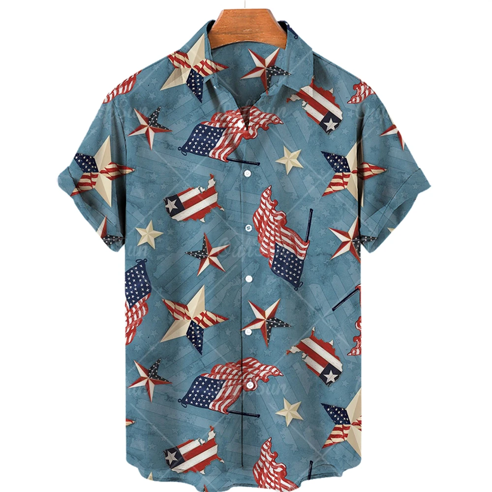 

2022 Short Hawaiian men Shirts New American Flag Single Button Lapel Shirt men and women Beach Trend Loose Men's Plus Size top