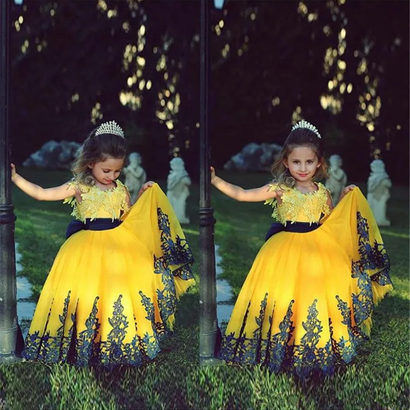 Formal Yellow Flower Girl Dresses for Wedding with Dark Blue Lace Applique Girl Party Ball Gown First Communion Dress for Girls